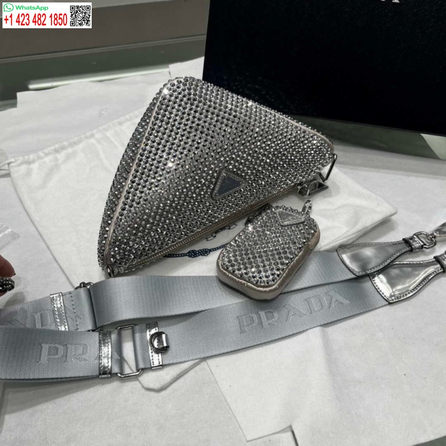 ρεπλίκα Prada 1ne190 σατέν πουγκί με κρύσταλλο γκρι