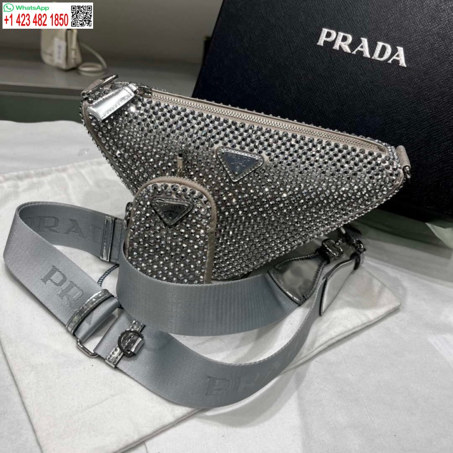 ρεπλίκα Prada 1ne190 σατέν πουγκί με κρύσταλλο γκρι