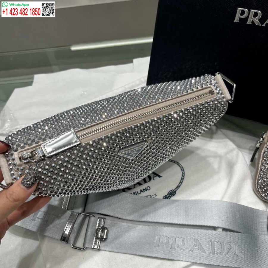 ρεπλίκα Prada 1ne190 σατέν πουγκί με κρύσταλλο γκρι