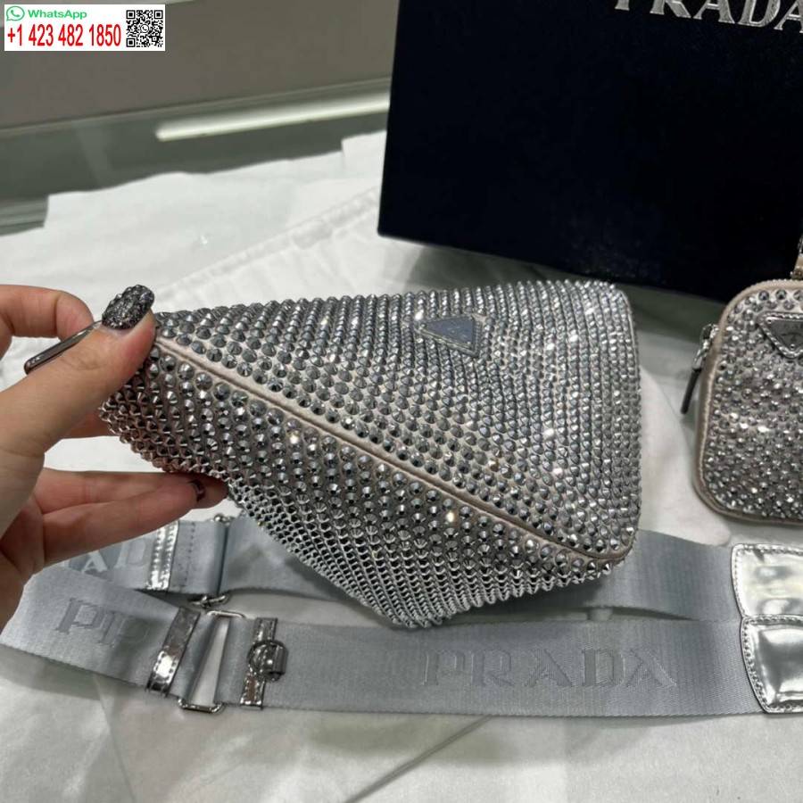 ρεπλίκα Prada 1ne190 σατέν πουγκί με κρύσταλλο γκρι