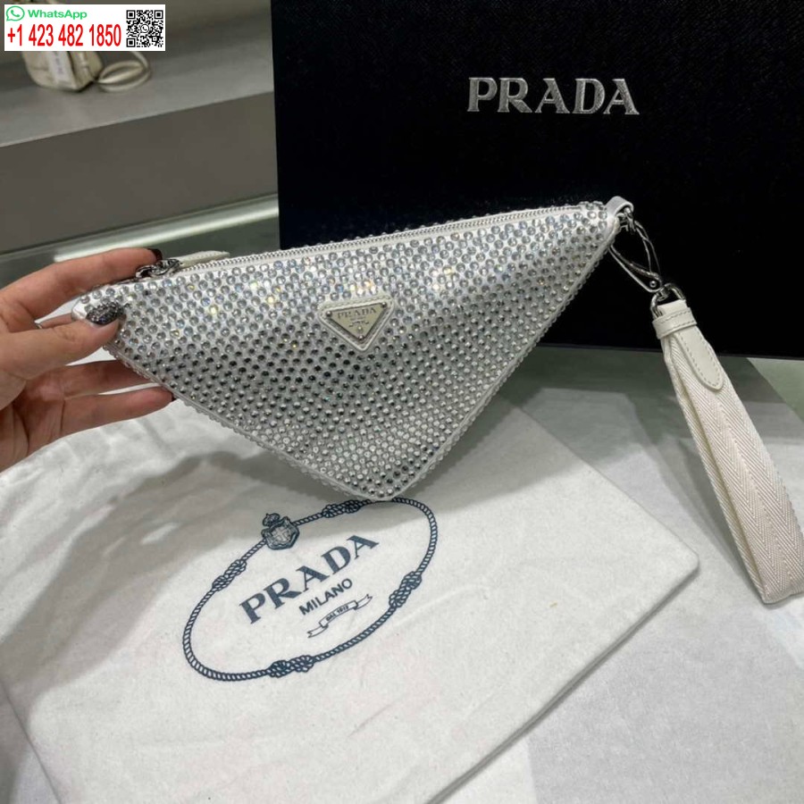 ρεπλίκα Prada 1ne039 σατέν πουγκί με κρύσταλλο λευκό