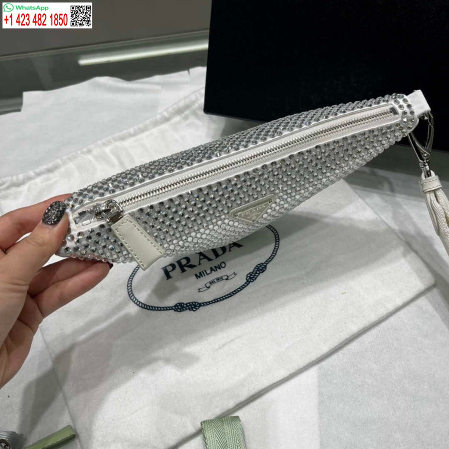 ρεπλίκα Prada 1ne039 σατέν πουγκί με κρύσταλλο λευκό