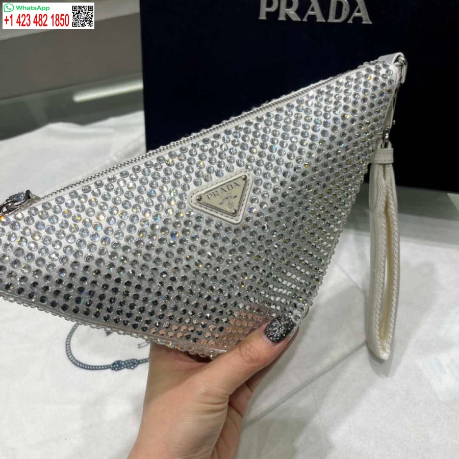ρεπλίκα Prada 1ne039 σατέν πουγκί με κρύσταλλο λευκό