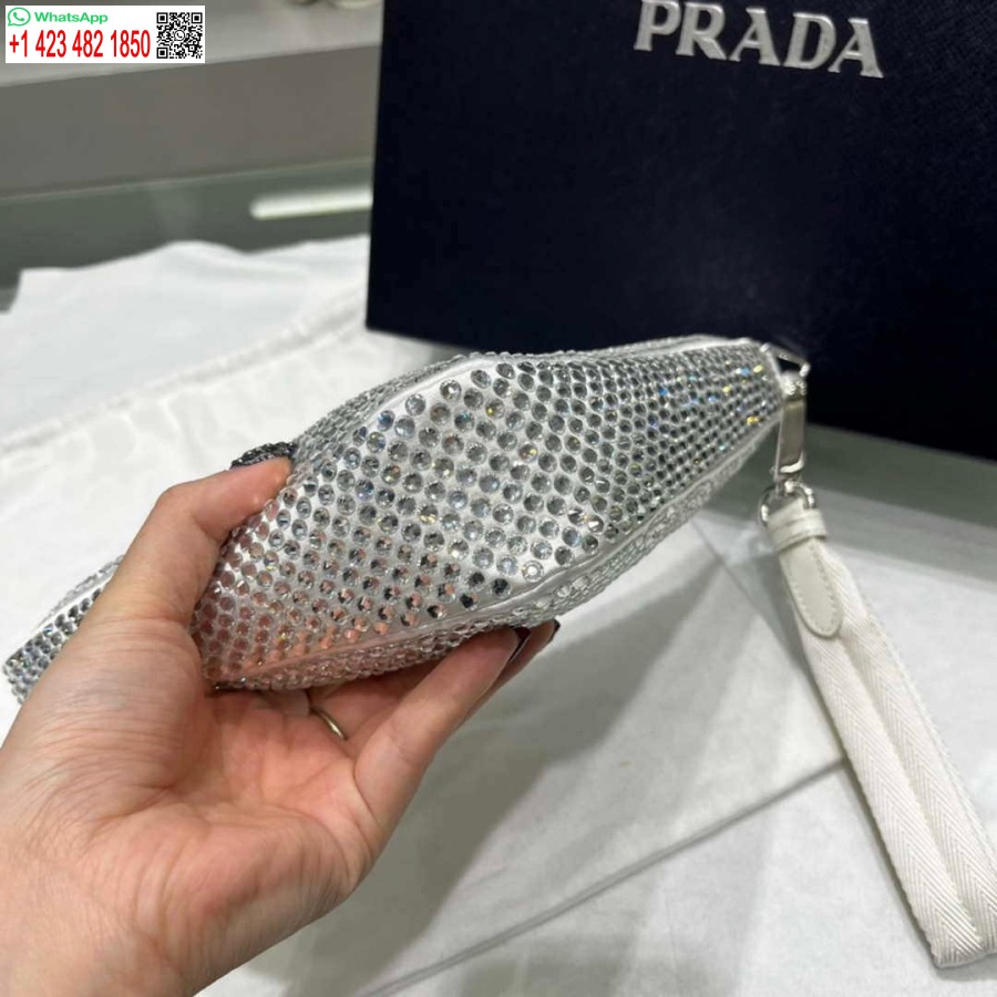 ρεπλίκα Prada 1ne039 σατέν πουγκί με κρύσταλλο λευκό