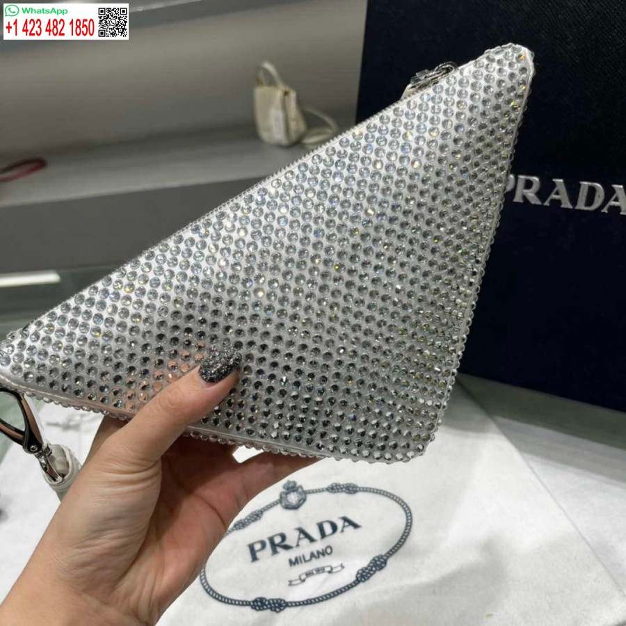 ρεπλίκα Prada 1ne039 σατέν πουγκί με κρύσταλλο λευκό