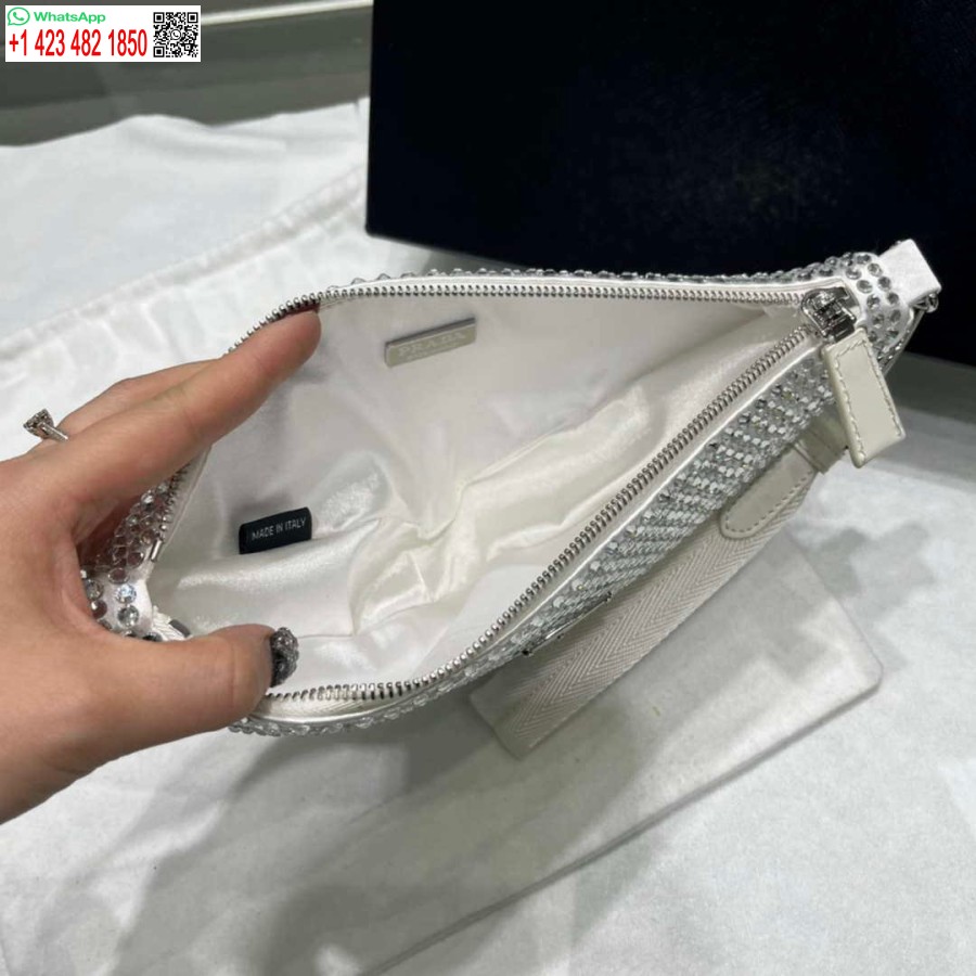ρεπλίκα Prada 1ne039 σατέν πουγκί με κρύσταλλο λευκό