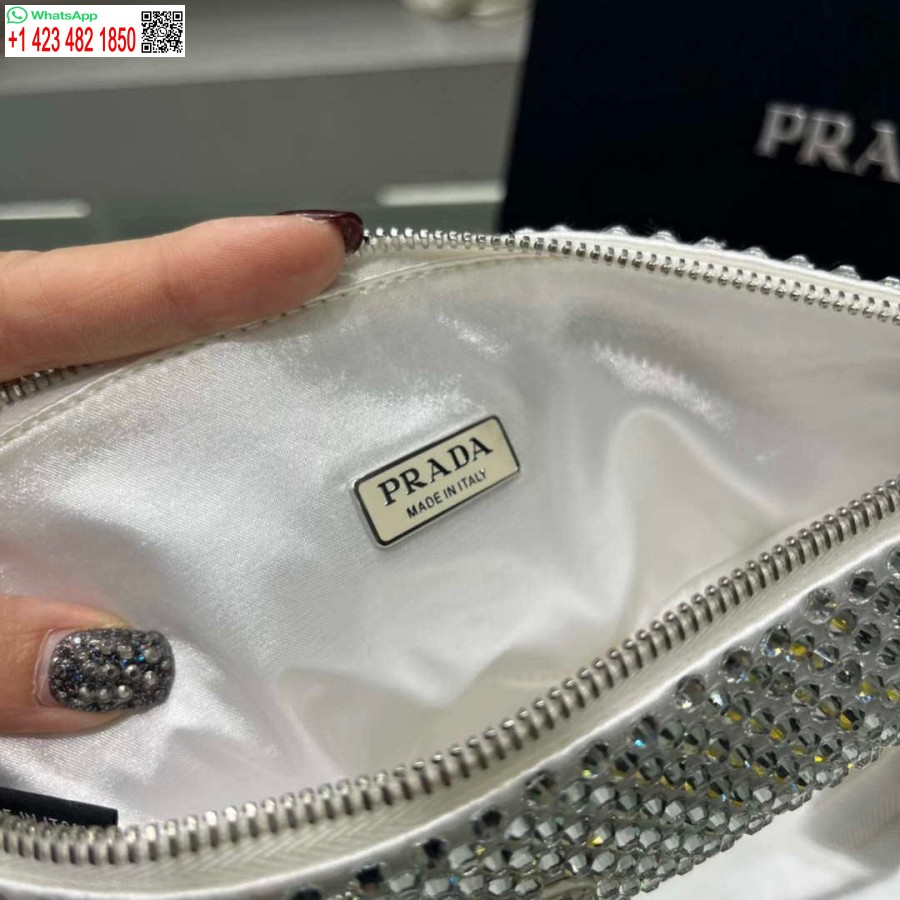 ρεπλίκα Prada 1ne039 σατέν πουγκί με κρύσταλλο λευκό