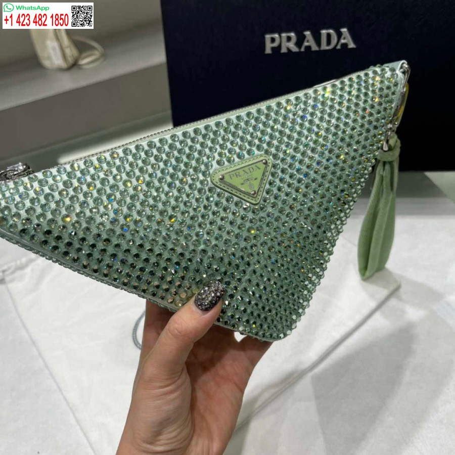 ρεπλίκα Prada 1ne039 σατέν πουγκί με κρύσταλλο πράσινο
