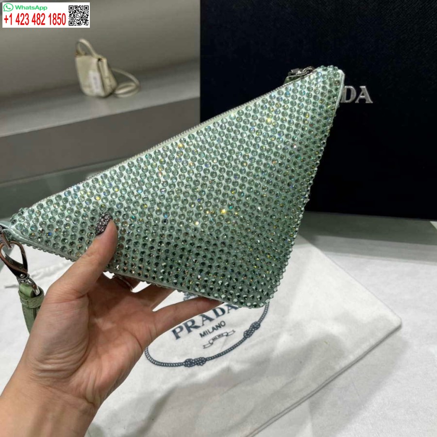 ρεπλίκα Prada 1ne039 σατέν πουγκί με κρύσταλλο πράσινο