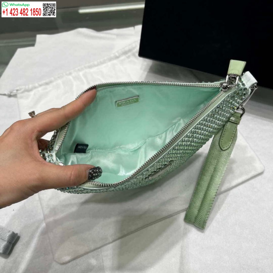 ρεπλίκα Prada 1ne039 σατέν πουγκί με κρύσταλλο πράσινο