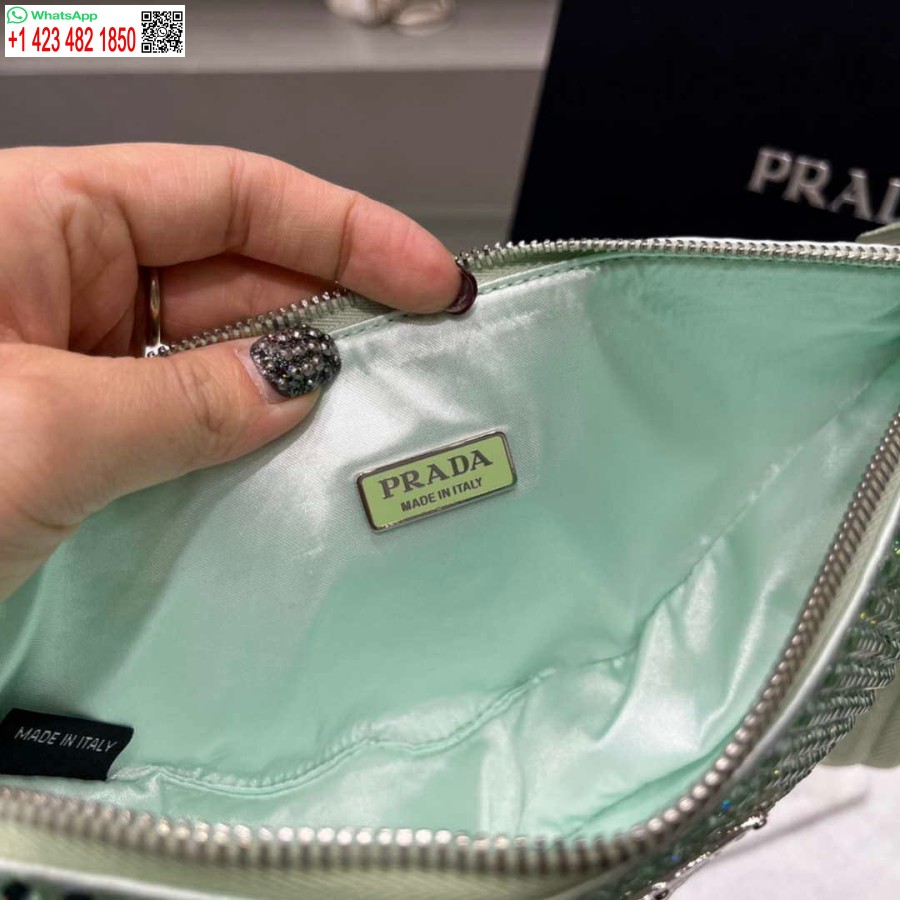 ρεπλίκα Prada 1ne039 σατέν πουγκί με κρύσταλλο πράσινο