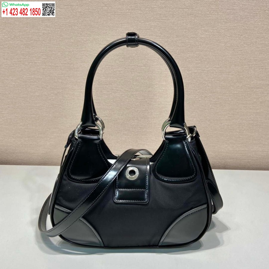 ρεπλίκα Prada 1ba368 Prada Moon Re-nylon και δερμάτινη τσάντα μαύρη