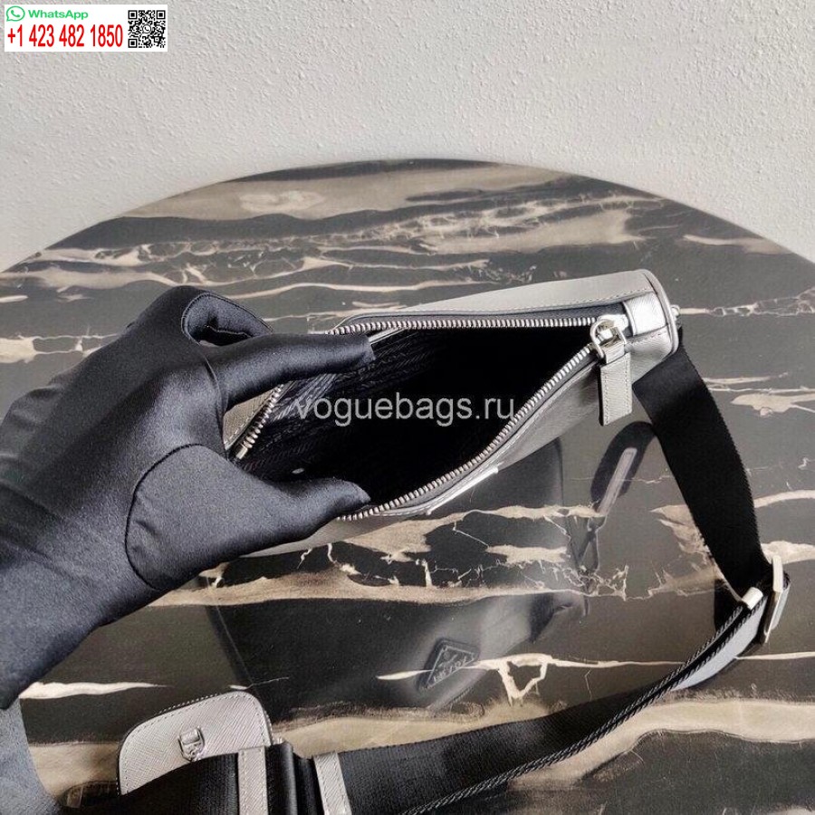 Ρεπλίκα Prada 2vh113 δερμάτινη τσάντα ώμου Saffiano σε ασημί γκρι