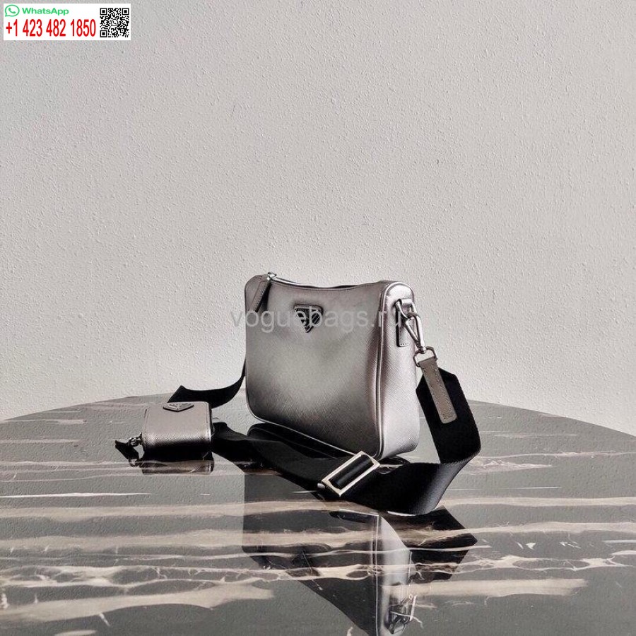 Ρεπλίκα Prada 2vh113 δερμάτινη τσάντα ώμου Saffiano σε ασημί γκρι