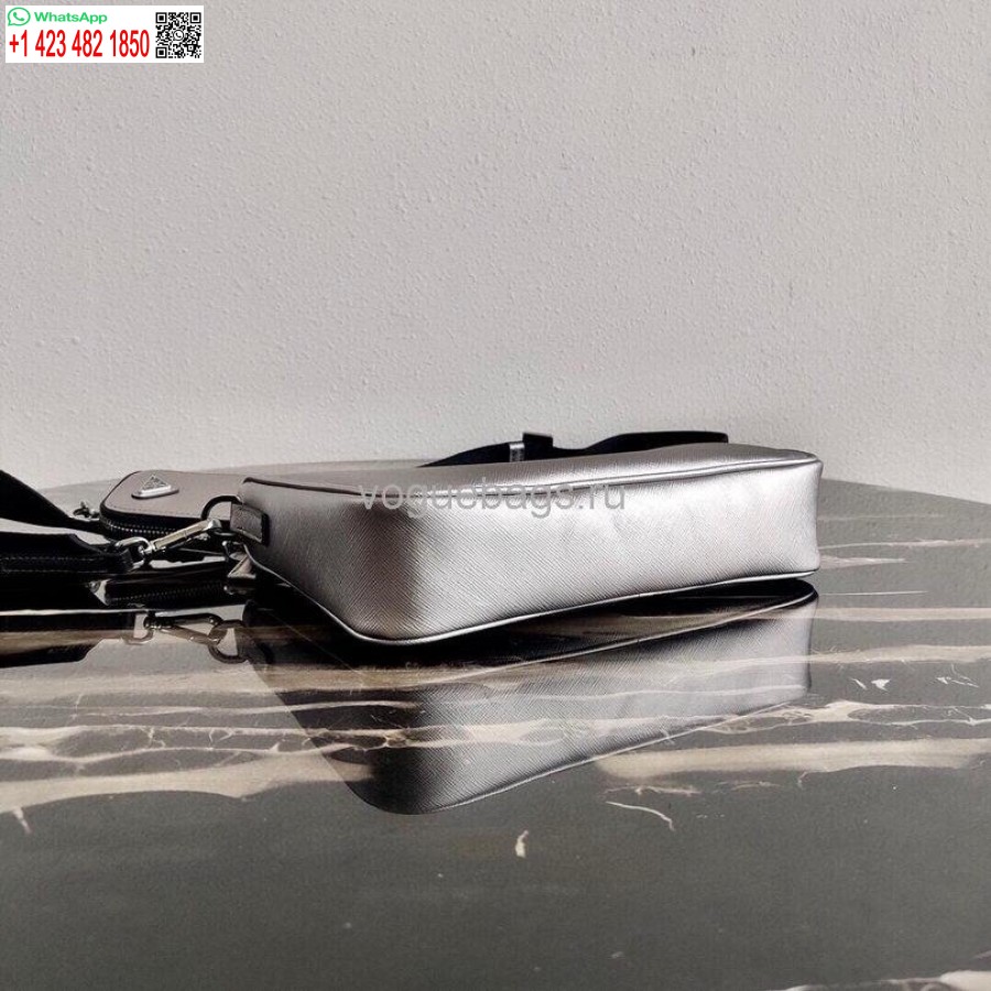 Ρεπλίκα Prada 2vh113 δερμάτινη τσάντα ώμου Saffiano σε ασημί γκρι