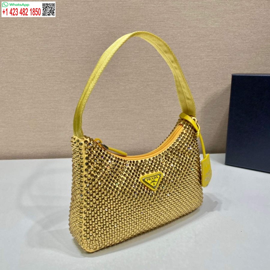 Replica Prada 1ne515 σατέν μίνι τσάντα με τεχνητούς κρυστάλλους κίτρινο