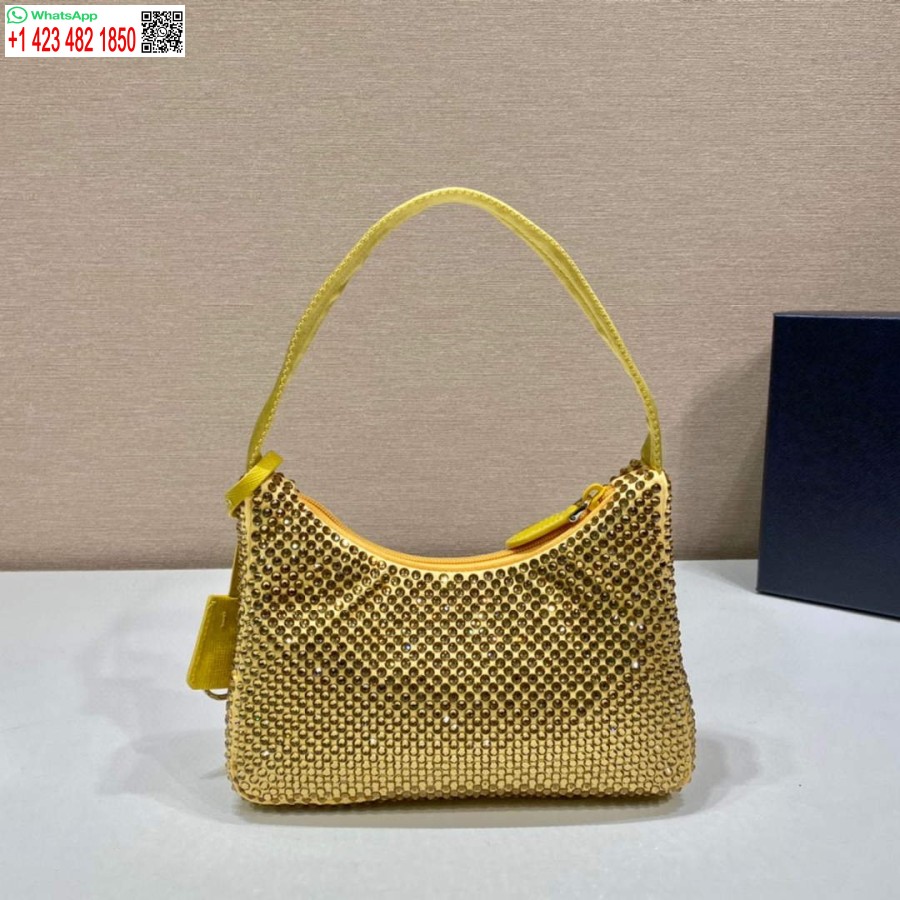 Replica Prada 1ne515 σατέν μίνι τσάντα με τεχνητούς κρυστάλλους κίτρινο