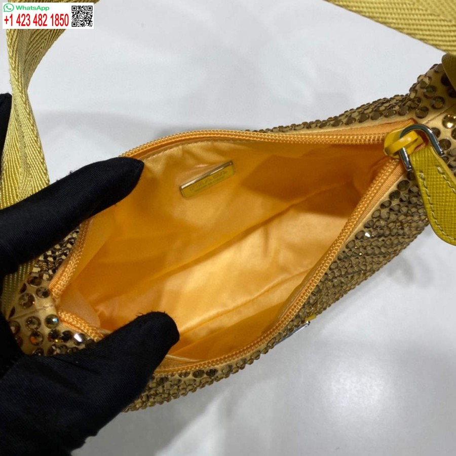 Replica Prada 1ne515 σατέν μίνι τσάντα με τεχνητούς κρυστάλλους κίτρινο