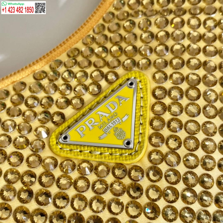 Replica Prada 1ne515 σατέν μίνι τσάντα με τεχνητούς κρυστάλλους κίτρινο