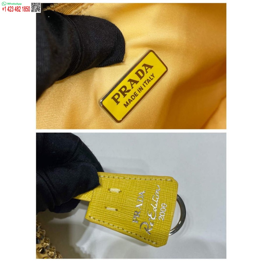 Replica Prada 1ne515 σατέν μίνι τσάντα με τεχνητούς κρυστάλλους κίτρινο