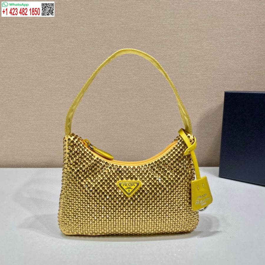 Replika Prada 1ne515 Yapay Kristalli Sarı Saten Mini çanta