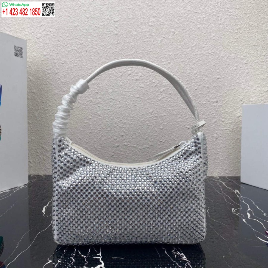 Replika Prada 1ne515 Yapay Kristalli Beyaz Saten Mini Çanta