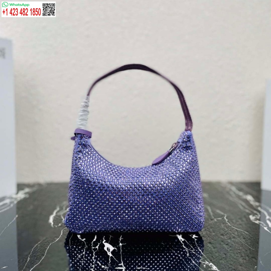 Replika Prada 1ne515 Yapay Kristalli Mor Saten Mini Çanta