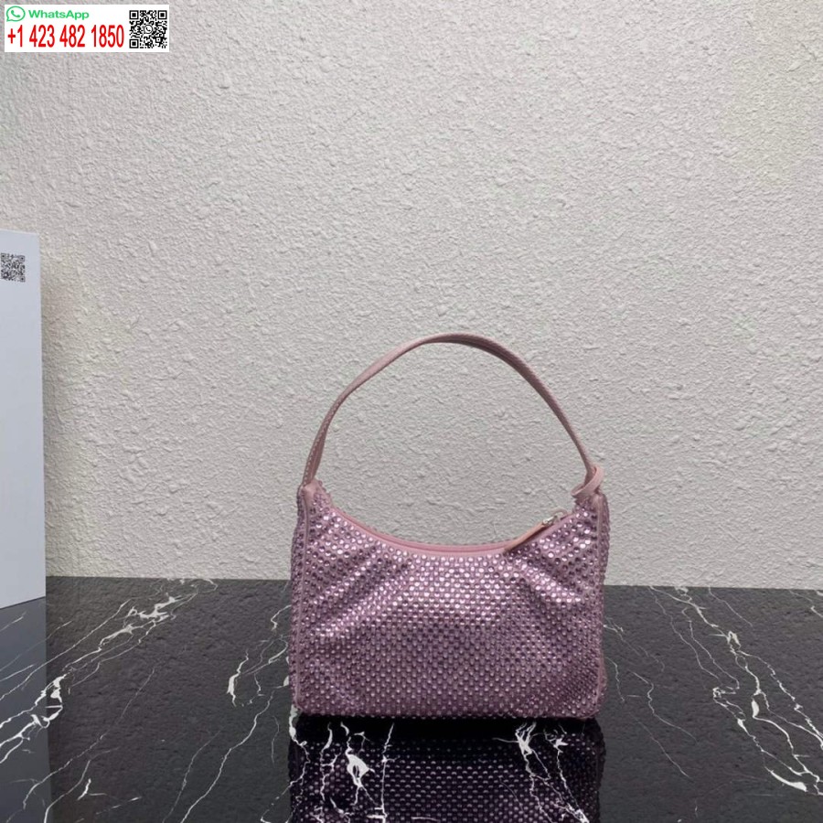 Replika Prada 1ne515 Yapay Kristalli Pembe Saten Mini Çanta