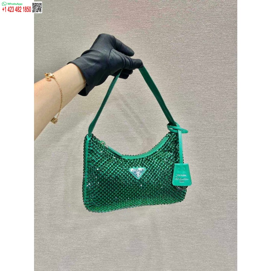 Replika Prada 1ne515 Suni Kristalli Saten Mini çanta Yeşim Yeşili