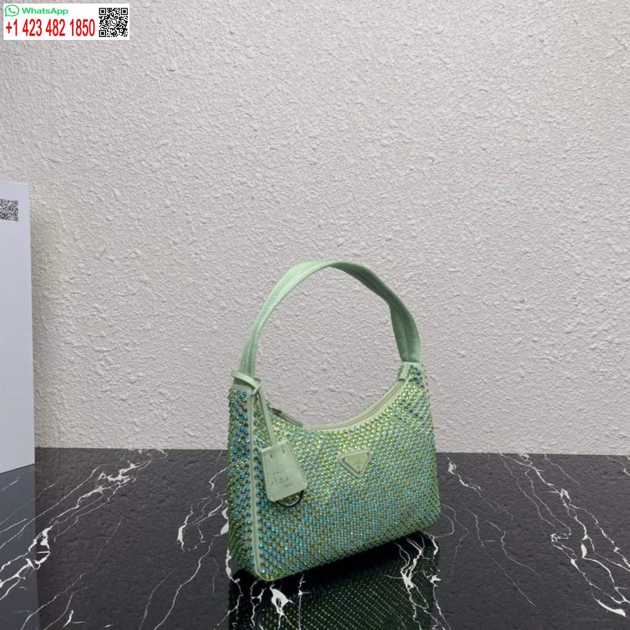 ρεπλίκα Prada 1ne515 σατέν μίνι τσάντα με τεχνητούς κρυστάλλους πράσινο