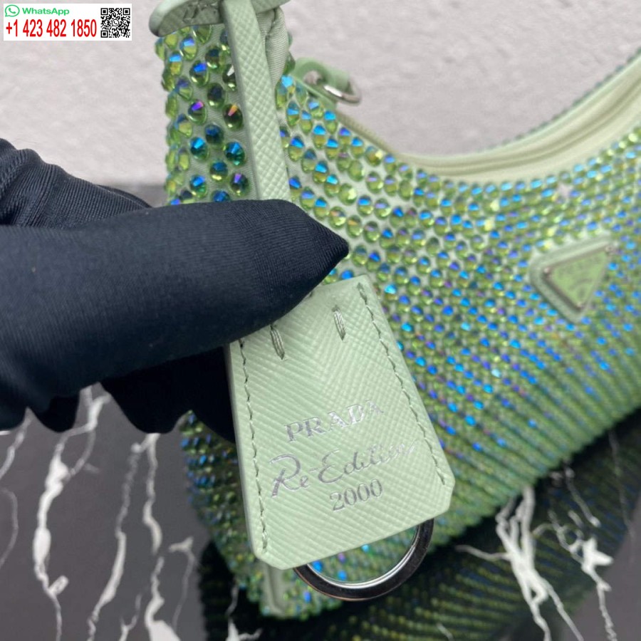 ρεπλίκα Prada 1ne515 σατέν μίνι τσάντα με τεχνητούς κρυστάλλους πράσινο