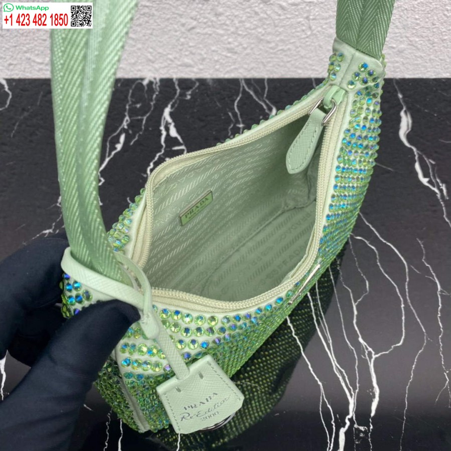 ρεπλίκα Prada 1ne515 σατέν μίνι τσάντα με τεχνητούς κρυστάλλους πράσινο