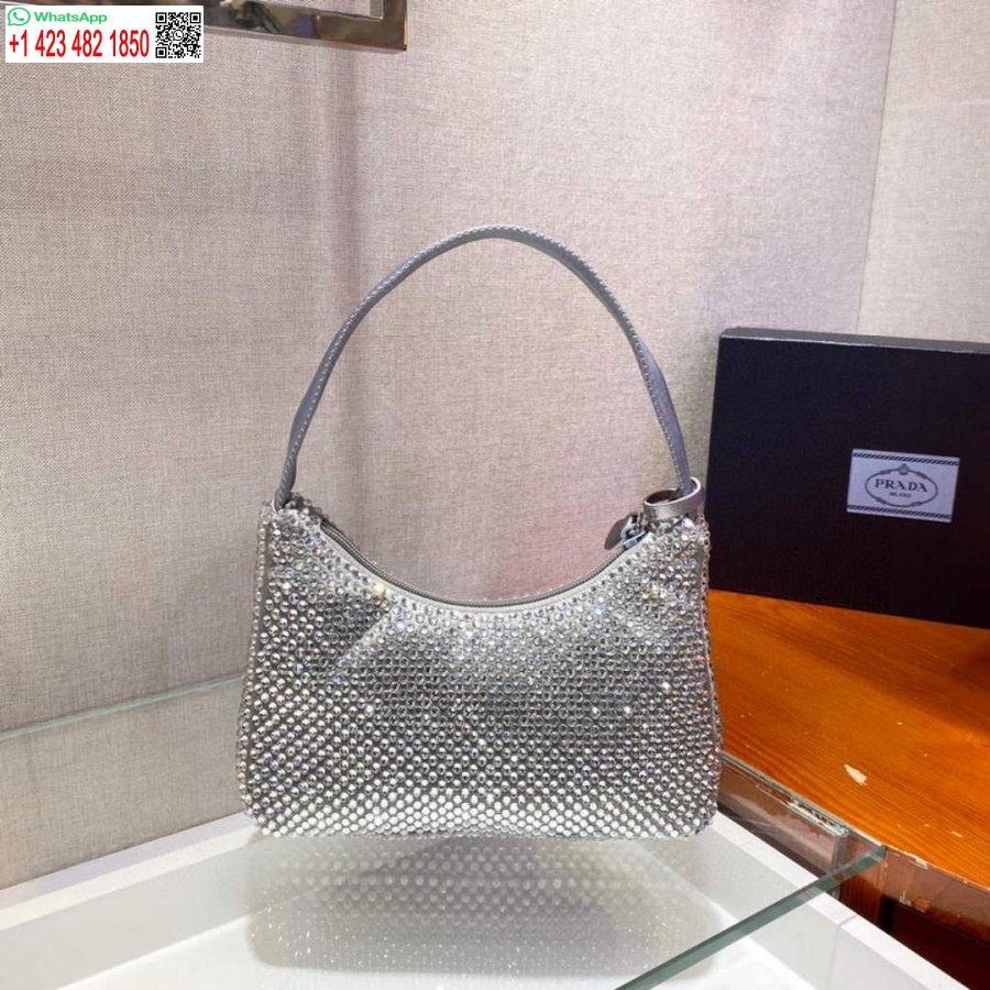Replika Prada 1ne515 Yapay Kristalli Gri Saten Mini Çanta