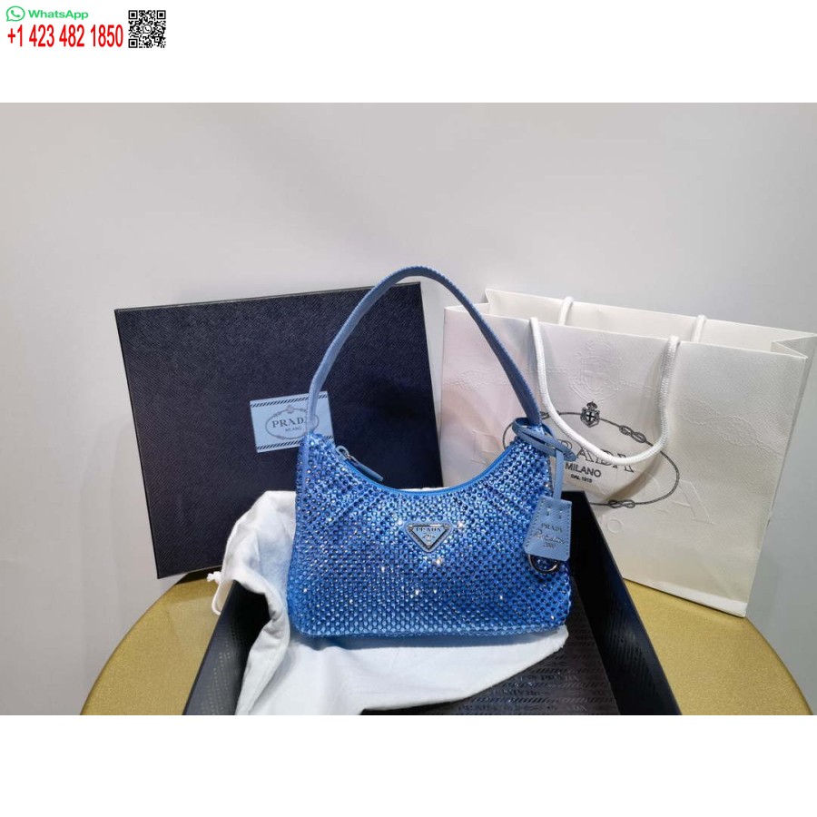 Replika Prada 1ne515 Yapay Kristalli Mavi Saten Mini çanta