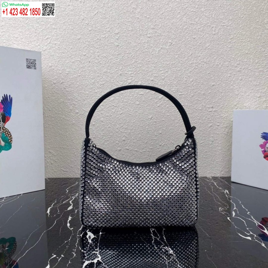 Replika Prada 1ne515 Yapay Kristalli Saten Mini Çanta Siyah