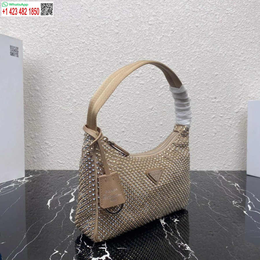 ρεπλίκα Prada 1ne515 σατέν μίνι τσάντα με τεχνητά κρύσταλλα βερίκοκο