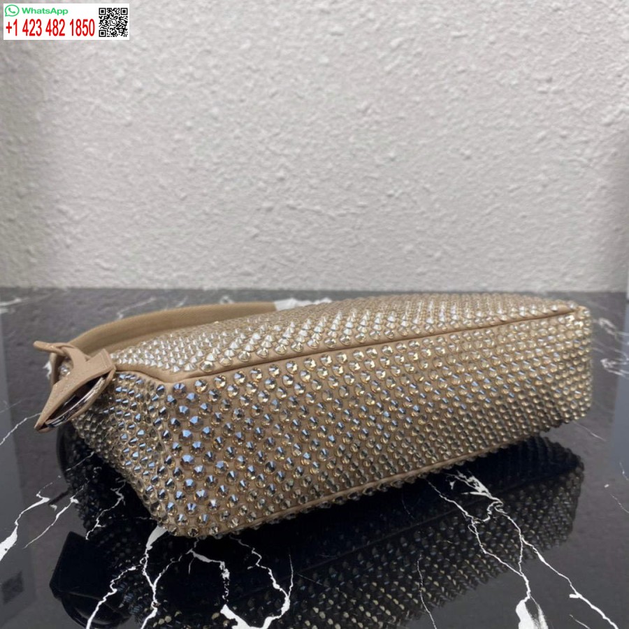 ρεπλίκα Prada 1ne515 σατέν μίνι τσάντα με τεχνητά κρύσταλλα βερίκοκο