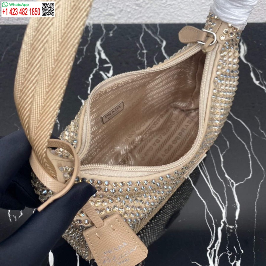 ρεπλίκα Prada 1ne515 σατέν μίνι τσάντα με τεχνητά κρύσταλλα βερίκοκο