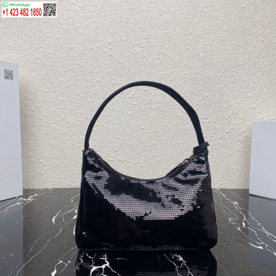 реплика Prada 1ne515 Re-edition 2000 преработена найлонова мини-чанта с пайети черна