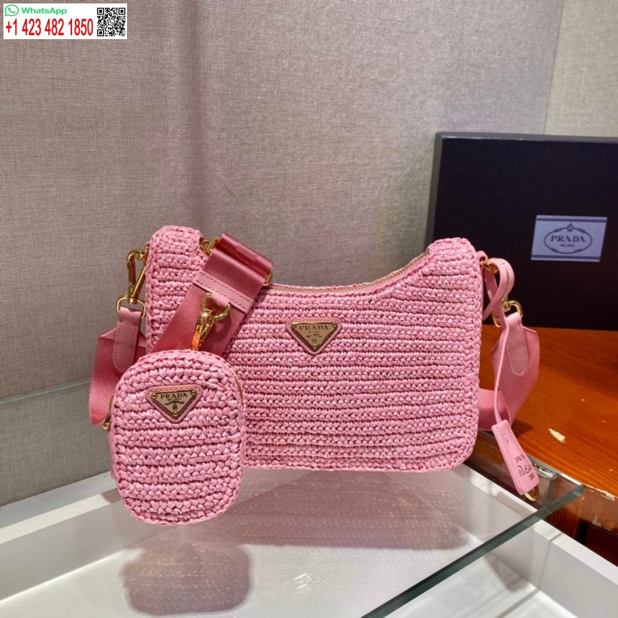 реплика Prada 1bh204 Prada Re-edition 2005 чанта от рафия в розово