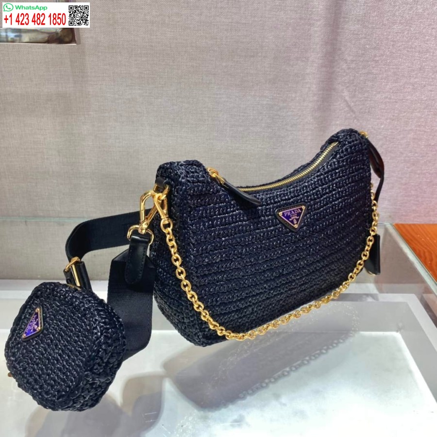 Replika Prada 1bh204 Prada Re-edition 2005 Torba Iz Rafije V črni Barvi