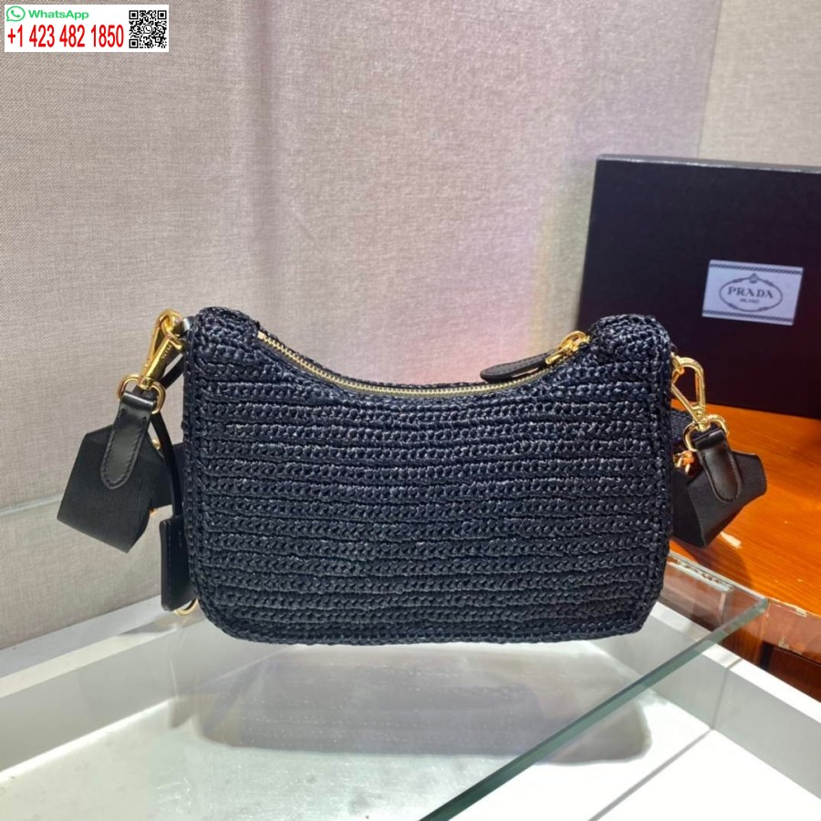 Replika Prada 1bh204 Prada Re-edition 2005 Torba Iz Rafije V črni Barvi