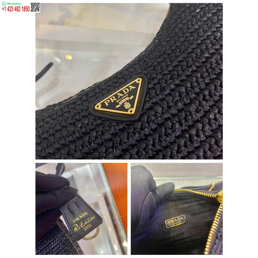 Replika Prada 1bh204 Prada Re-edition 2005 Torba Iz Rafije V črni Barvi