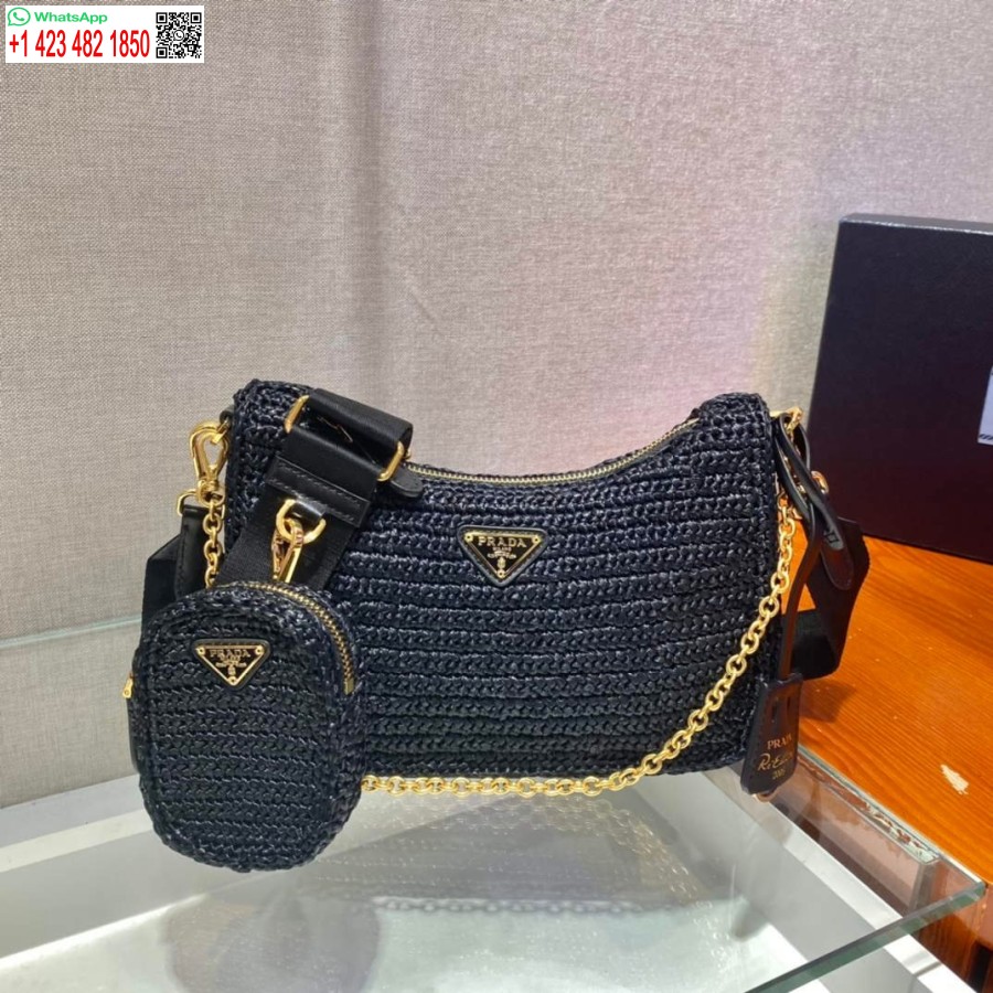 реплика Prada 1bh204 Prada Re-edition 2005 чанта от рафия в черно