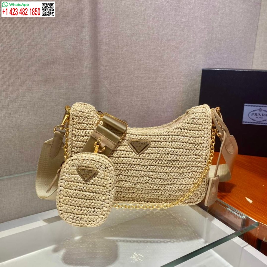 реплика Prada 1bh204 Prada Re-edition 2005 чанта от рафия в цвят кайсия