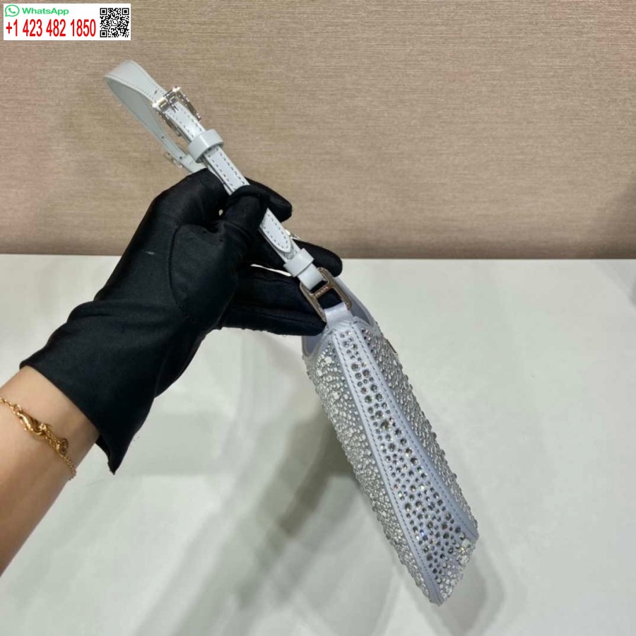 Replica Prada 1bc169 Prada Cleo Satiinilaukku, Jossa Applikaatiot Valkoiset