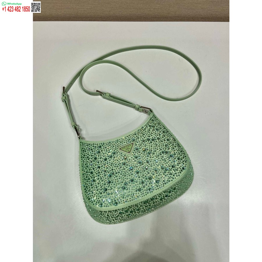 Replika Prada 1bc169 Prada Cleo Satin Maišelis Su žalios Spalvos Aplikacijomis