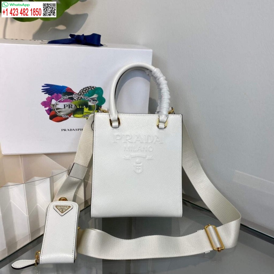 реплика Prada 1ba333 малка дамска чанта от сафианова кожа бяла