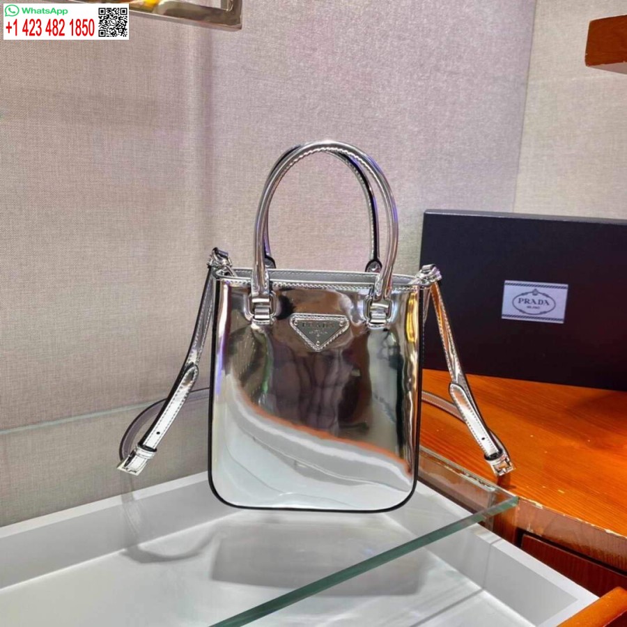 ρεπλίκα Prada 1ba331 μικρό βουρτσισμένο δέρμα Tote ασημί