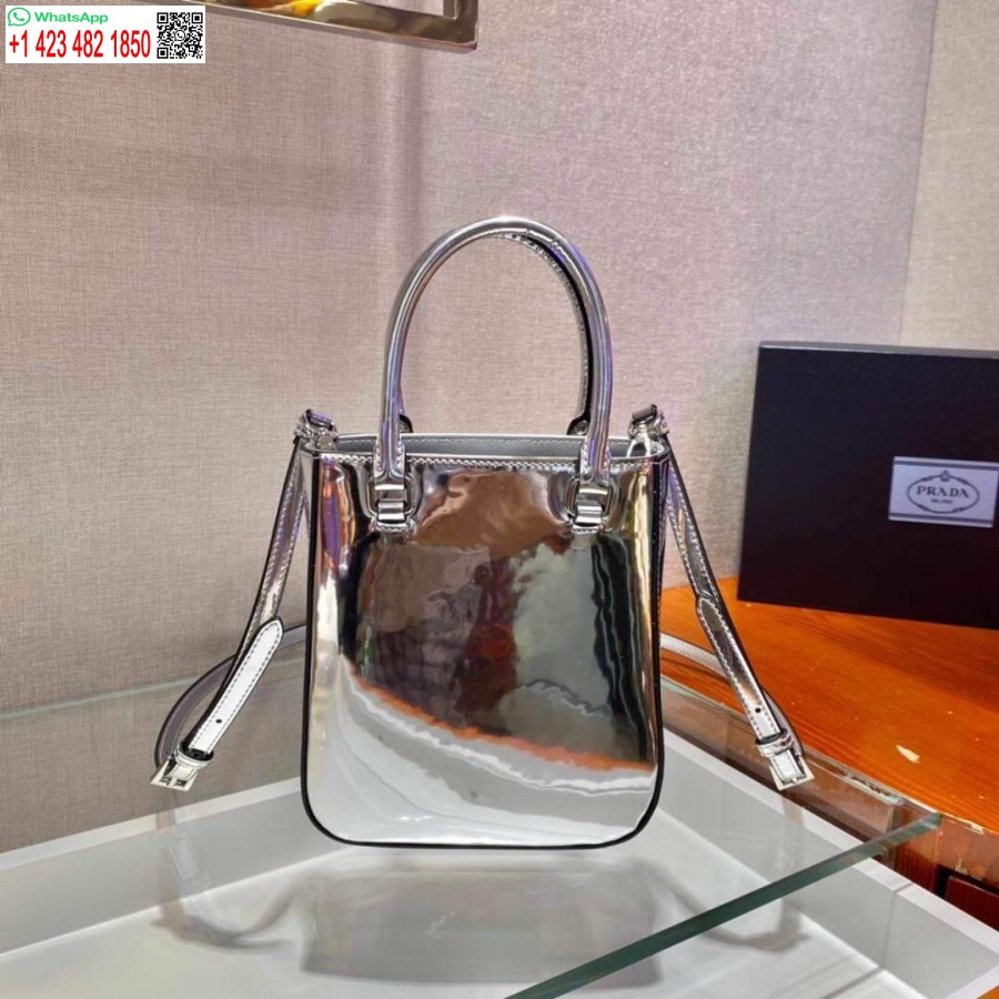 ρεπλίκα Prada 1ba331 μικρό βουρτσισμένο δέρμα Tote ασημί
